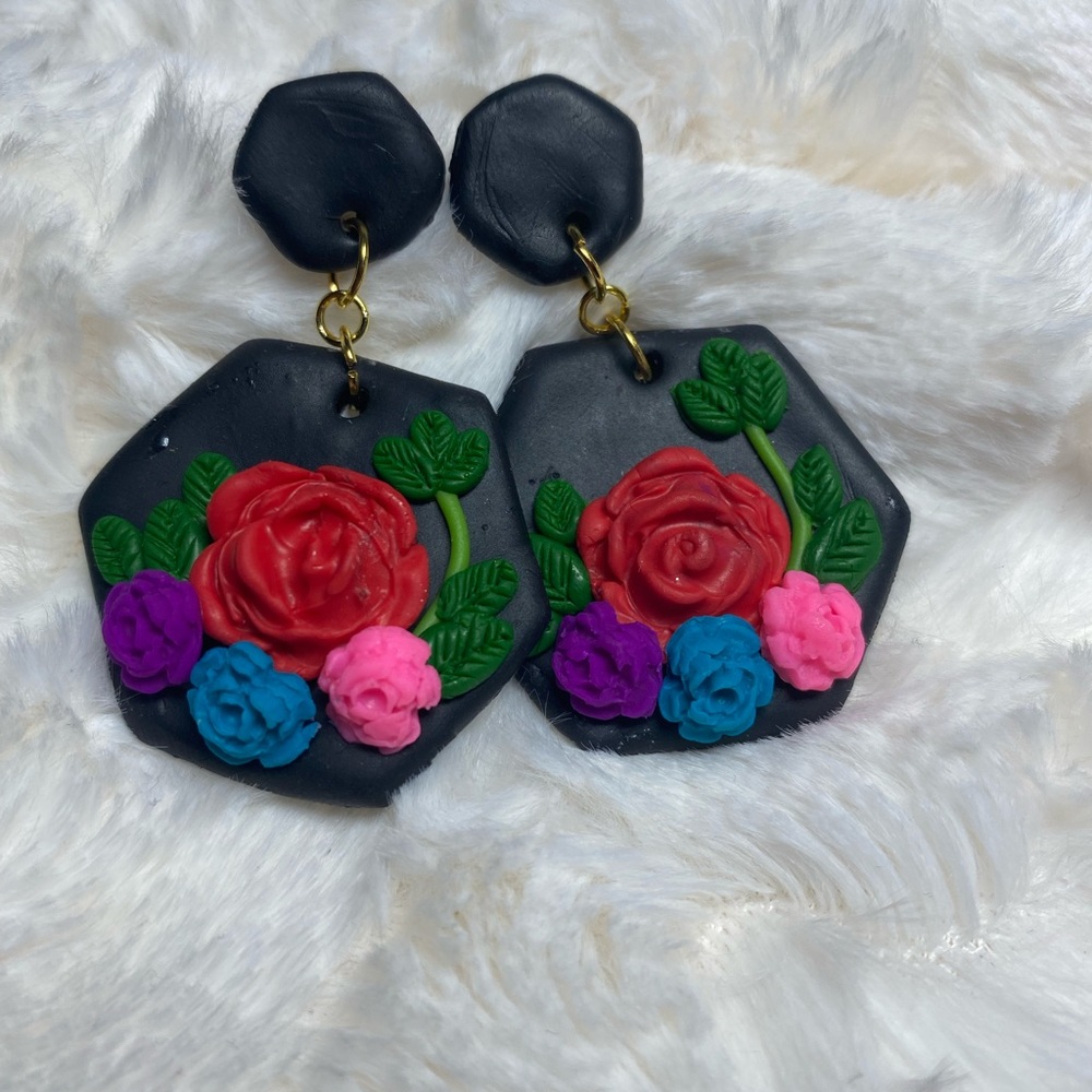 Floral Black Earrings with Multicolor Accents
